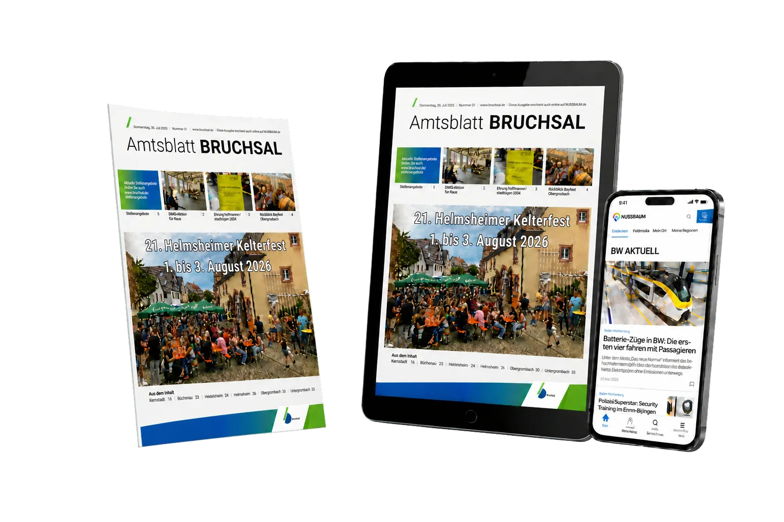 Das Amtsblatt Bruchsal als gedruckte Ausgabe, E-Paper auf einem Tablet und NUSSBAUM.de auf einem Smartphone.